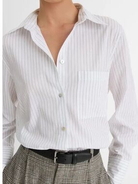 NWT Vince Striped Button Front White Cotton Shirt with Thin Pinstripes